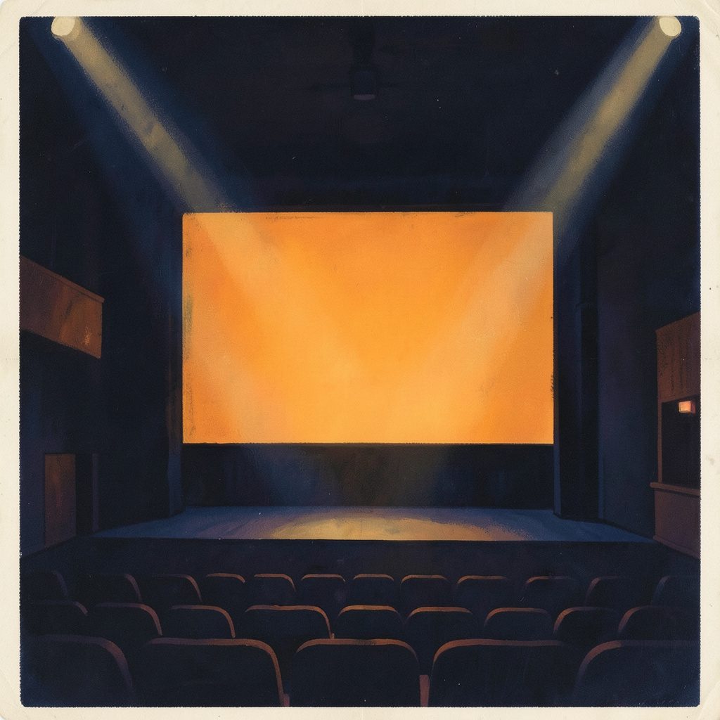 A matte gouache poster painting of a darkened theatre stage with a large glowing screen at center, warm amber and deep navy tones, soft spotlight beams crossing the frame, evoking the atmosphere of a live broadcast venue.
