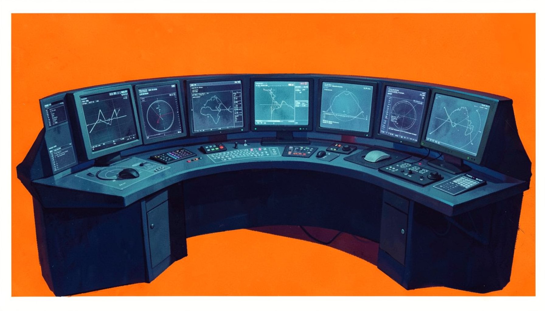A matte gouache poster painting of a wide control-room desk with glowing monitors arranged in a gentle arc, deep indigo and soft teal hues, subtle data overlays suggesting live broadcast feeds, calm and professional mood.