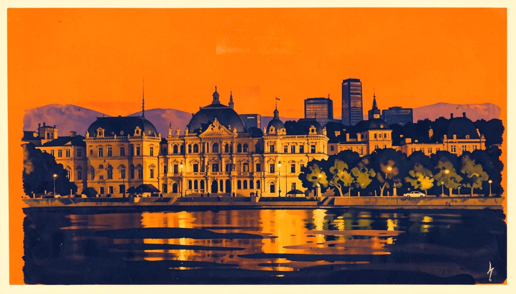 A matte gouache poster painting of the Montréal skyline at dusk, with the Palais de Congrès in the foreground rendered in warm amber and deep navy tones, soft reflections on the St. Lawrence River, and a celebratory atmosphere.
