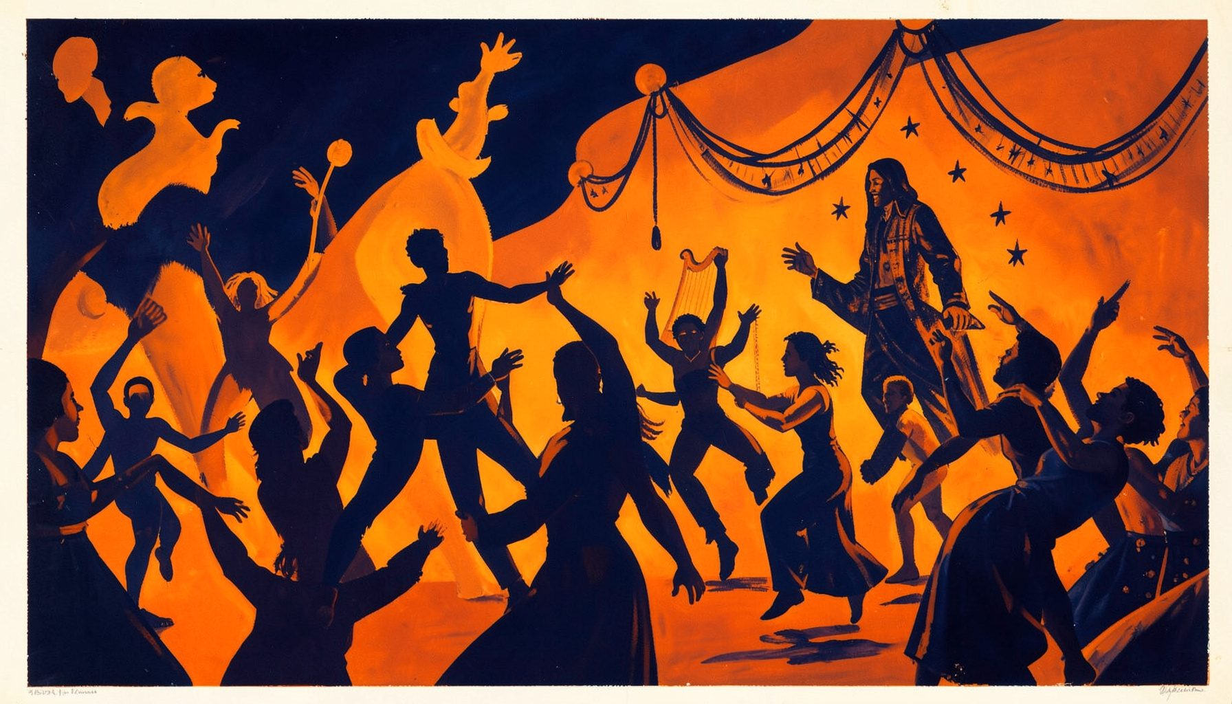 A wide gouache painting of a festival scene rendered in deep navy and warm orange, with abstract dancers, harp motifs and soft light.