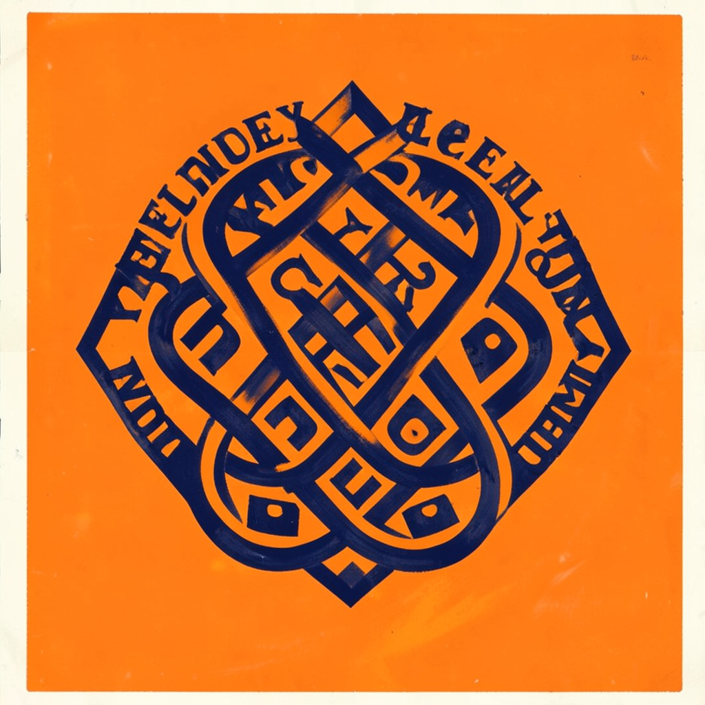 Matte gouache poster painting in deep navy and warm orange tones, showing stylized Celtic knotwork intertwined with Gaelic letterforms, evoking heritage and celebration.