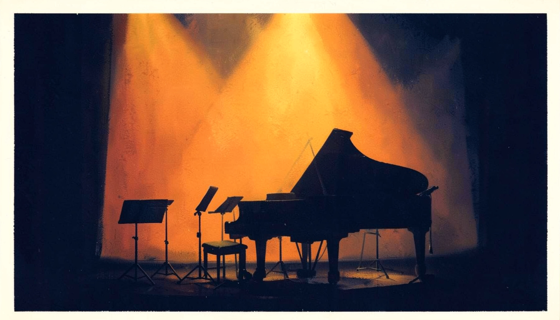 A matte gouache poster painting of a stage lit in warm amber and deep navy tones, with empty music stands and a grand piano silhouetted against soft theatrical haze, conveying quiet anticipation before a performance.