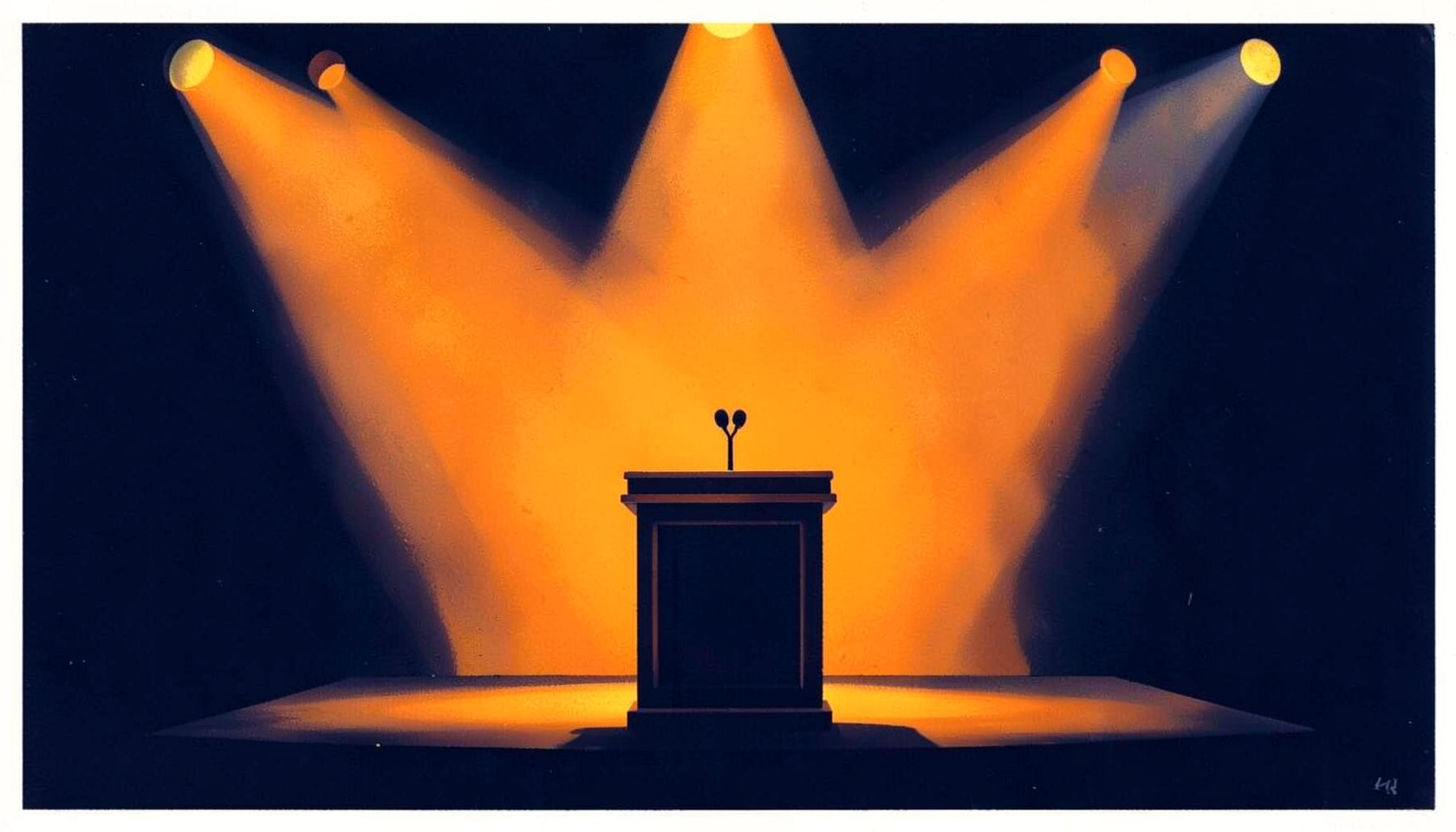 A matte gouache poster of a formal award stage bathed in deep navy and warm orange light, with a podium and soft glowing spotlights evoking a celebratory evening ceremony